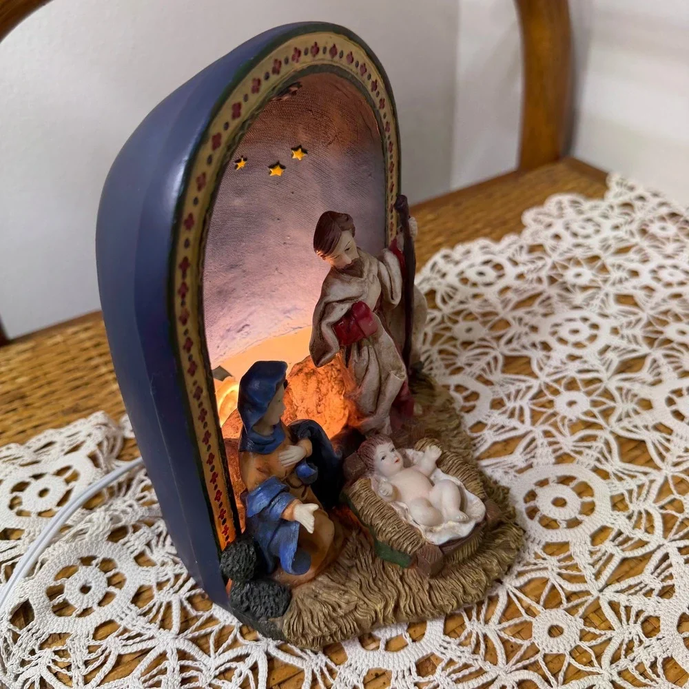 Vintage Autom Nativity Plug In Night Light Holy Family Resin Arched Grotto